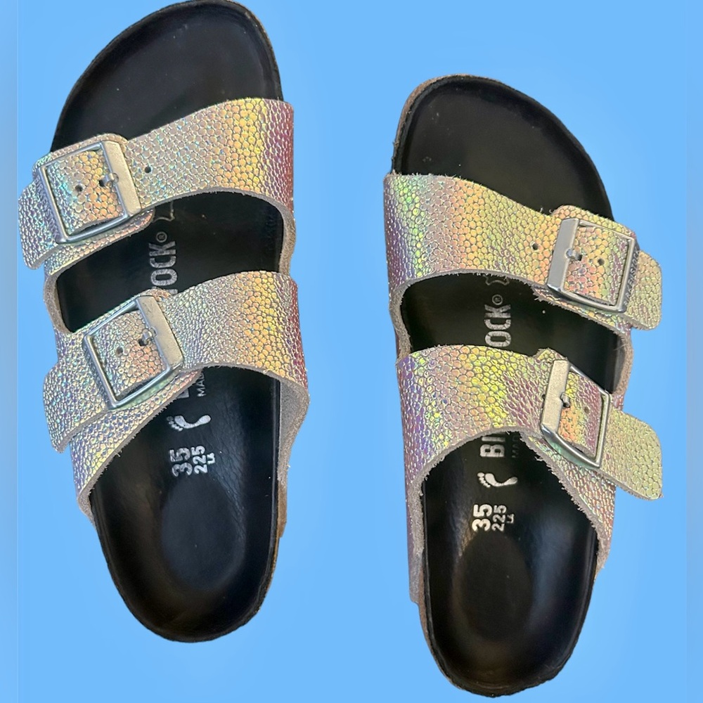 Birkenstock Arizona style comfortable sassy silver metallic flecked sandal.